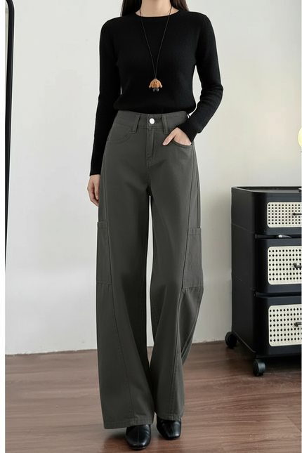 Pantalon Gris Cargo Ample Droit Taille Haute Femme - Kaki Gabardine