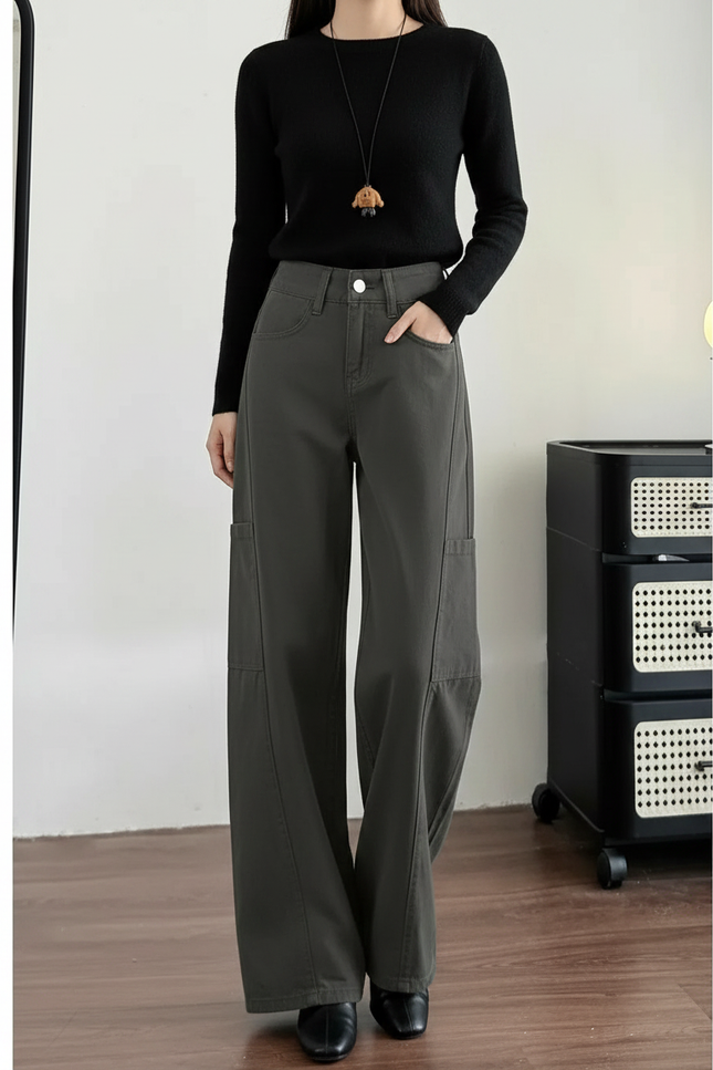 Pantalon Gris Cargo Ample Droit Taille Haute Femme - Kaki Gabardine