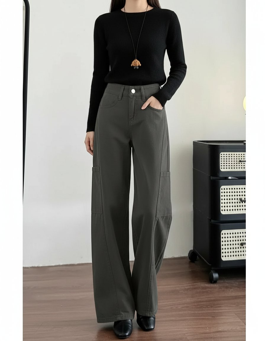 Pantalon Gris Cargo Ample Droit Taille Haute Femme - Kaki Gabardine