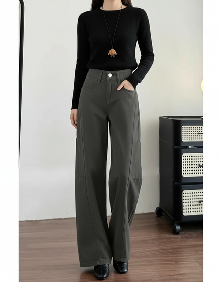 Pantalon Gris Cargo Ample Droit Taille Haute Femme - Kaki Gabardine