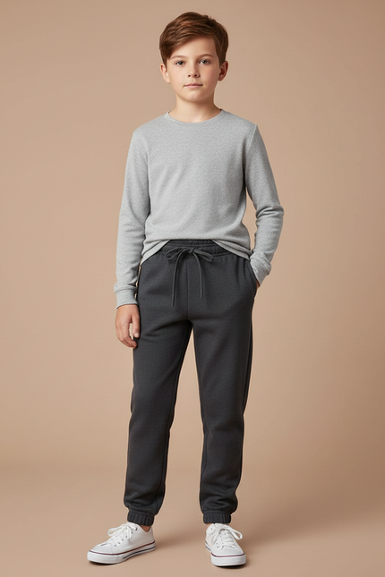 Pantalon Gris Enfant Molletonné Ample Décontracté Cordon