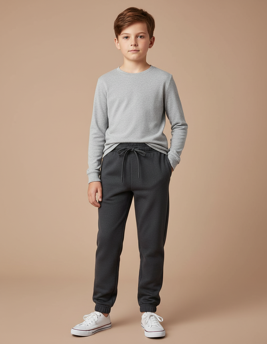 Pantalon Gris Enfant Molletonné Ample Décontracté Cordon