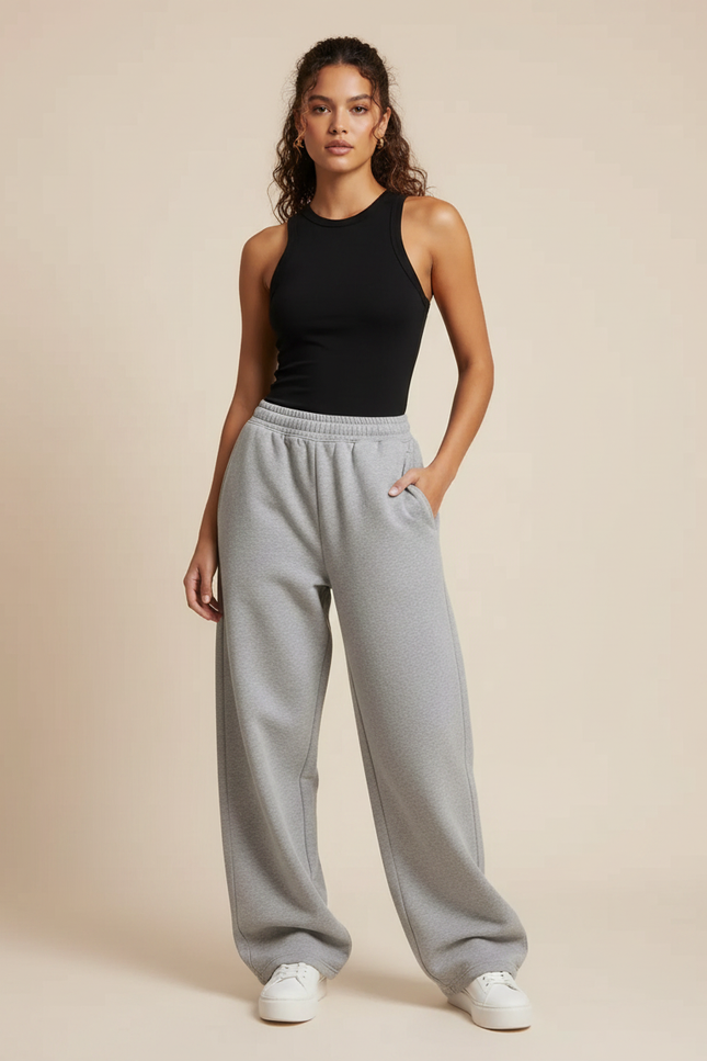 Pantalon Gris Ample Décontracté Taille Haute Jogging - Molleton