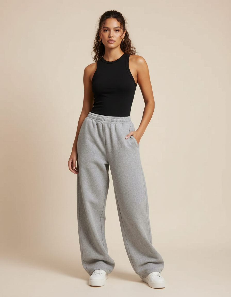 Pantalon Gris Ample Décontracté Taille Haute Jogging - Molleton