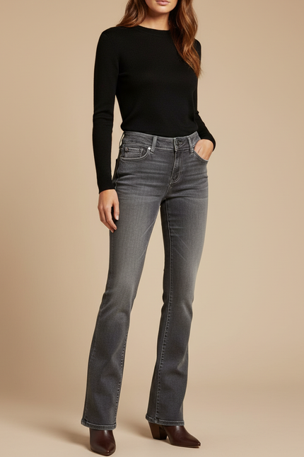 Pantalon Gris Jean Bootcut Taille Haute Délavé Femme