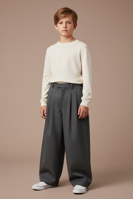 Pantalon Gris Rayé Ample Décontracté Enfant Garçon - Laine