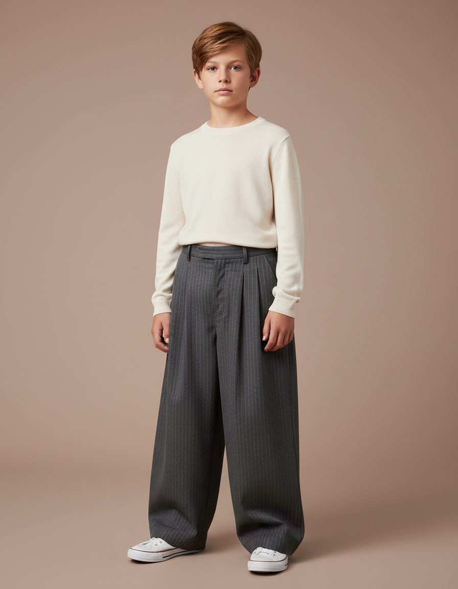Pantalon Gris Rayé Ample Décontracté Enfant Garçon - Laine
