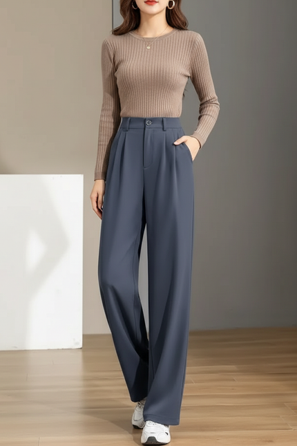 Pantalon Gris Fluide Large Décontracté Femme - Polyester