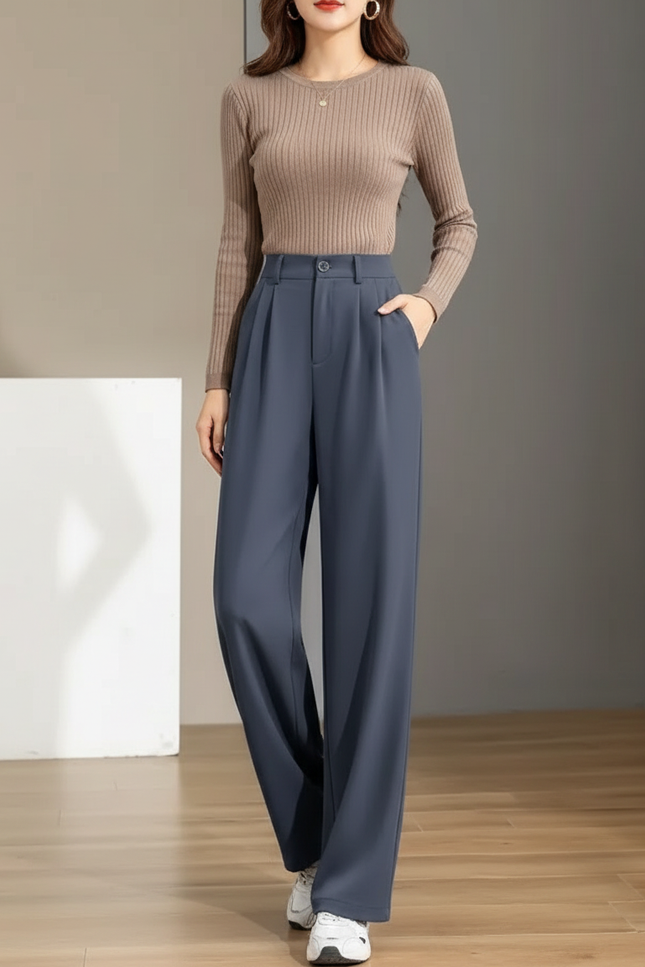 Pantalon Gris Fluide Large Décontracté Femme - Polyester
