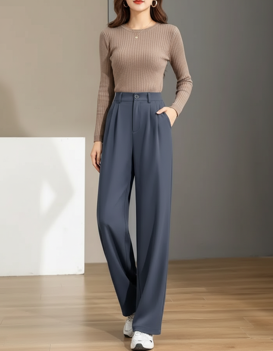 Pantalon Gris Fluide Large Décontracté Femme - Polyester