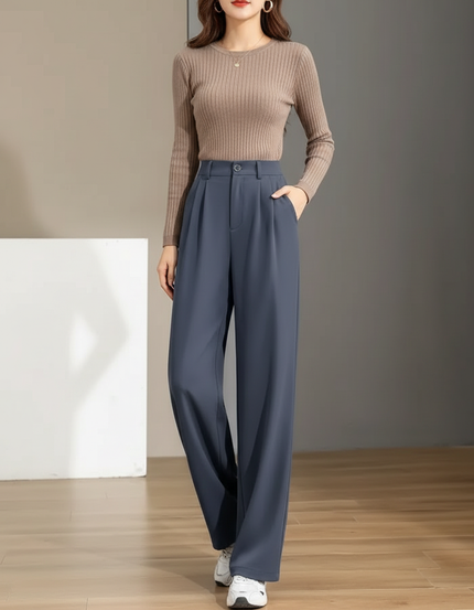 Pantalon Gris Fluide Large Décontracté Femme - Polyester