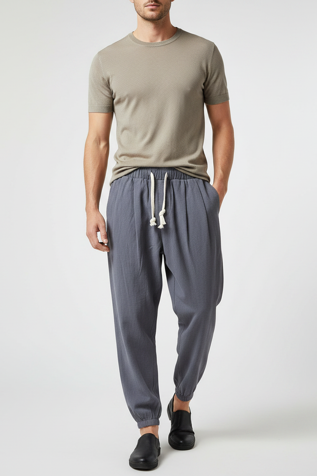 Pantalon Gris Coton Lin Ample Décontracté Homme