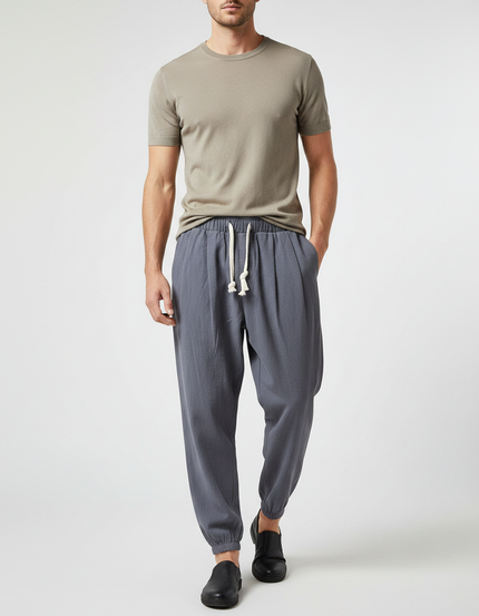 Pantalon Gris Coton Lin Ample Décontracté Homme