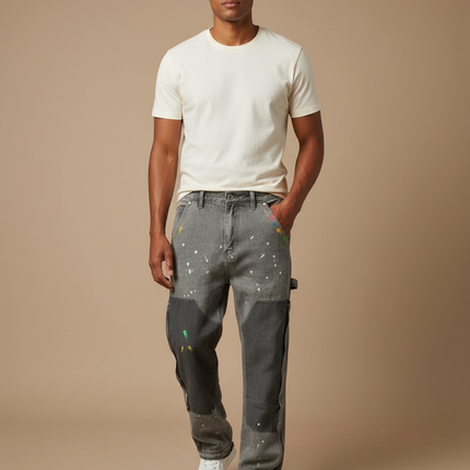 Pantalon Gris Denim Patchwork Peinture Décontracté Homme - Jean