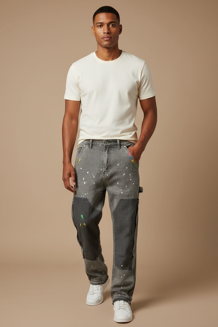 Pantalon Gris Denim Patchwork Peinture Décontracté Homme - Jean