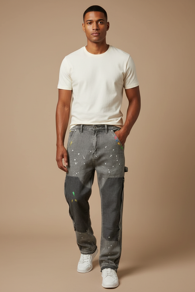 Pantalon Gris Denim Patchwork Peinture Décontracté Homme - Jean