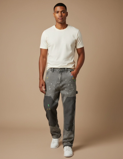 Pantalon Gris Denim Patchwork Peinture Décontracté Homme - Jean