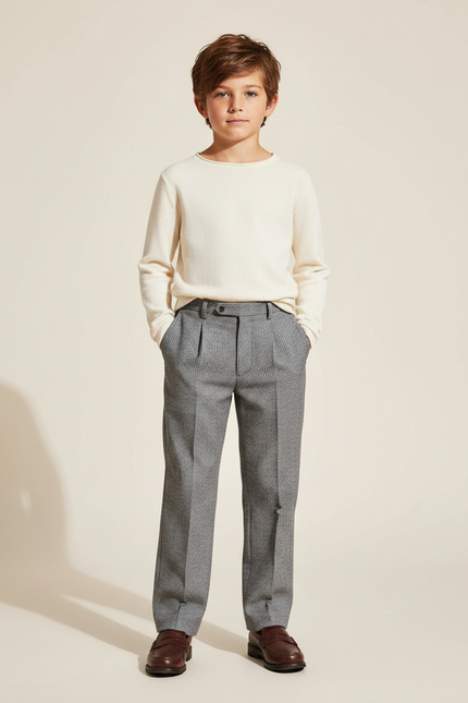 Pantalon Gris Chevrons Plissé Élégant Classique Enfant - Tweed