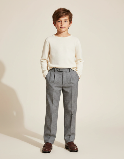 Pantalon Gris Chevrons Plissé Élégant Classique Enfant - Tweed