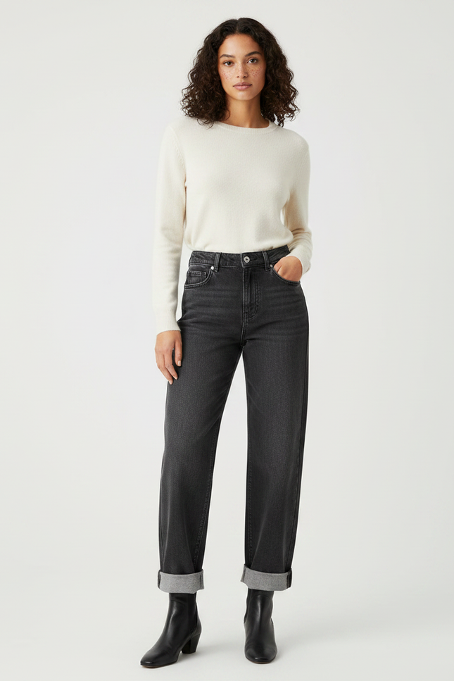 Pantalon Gris Jean Droit Taille Haute Femme