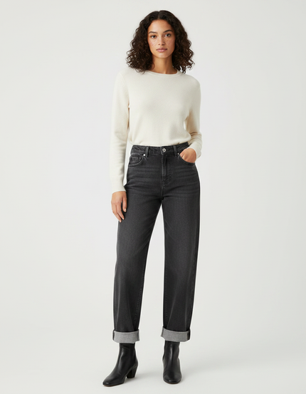 Pantalon Gris Jean Droit Taille Haute Femme