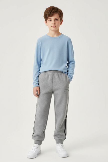 Pantalon Gris Molletonné Décontracté Sport Enfant Rayures