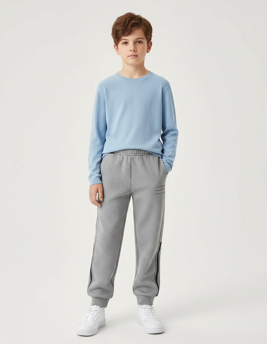 Pantalon Gris Molletonné Décontracté Sport Enfant Rayures