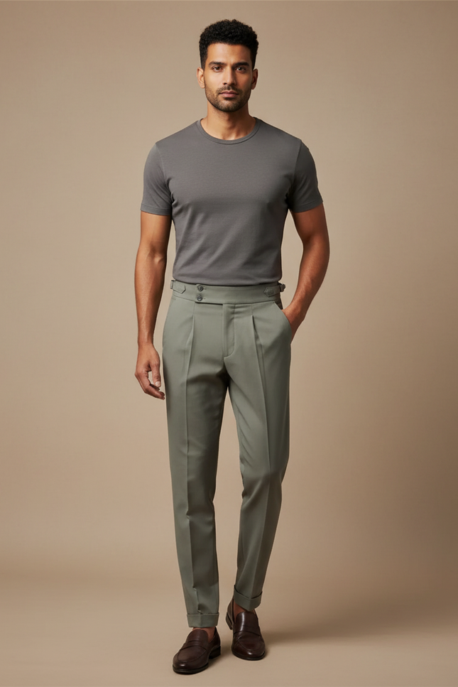 Pantalon Gris Habillé Plissé Élégant Classique Homme - Vert Gabardine