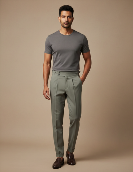 Pantalon Gris Habillé Plissé Élégant Classique Homme - Vert Gabardine