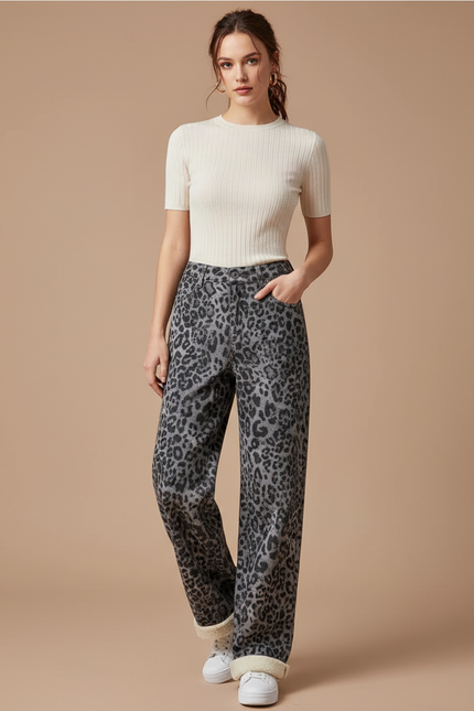 Pantalon Gris Léopard Doublé Polaire Large Confortable - Molleton
