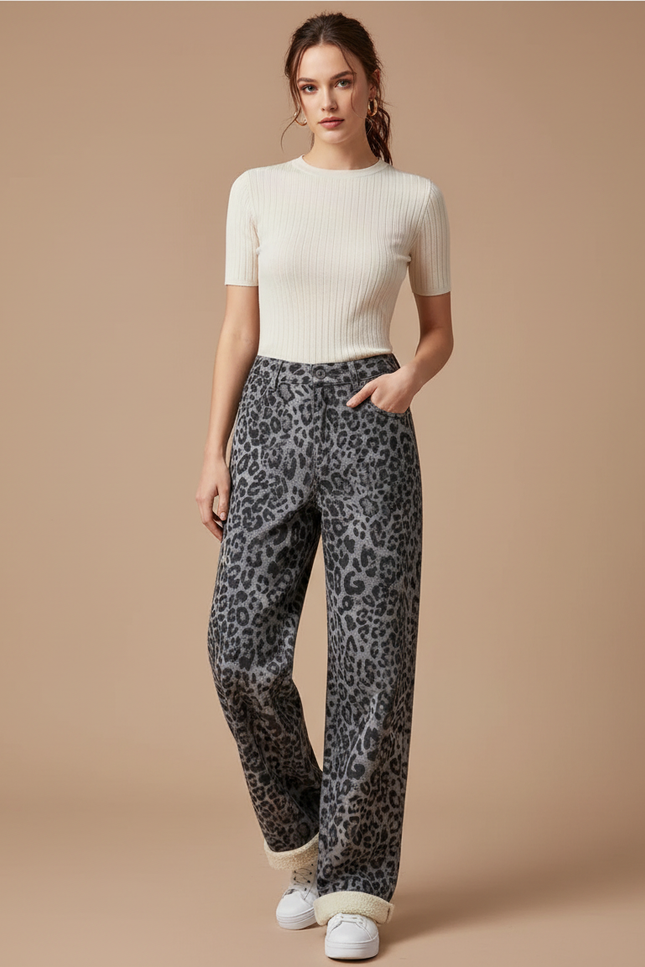 Pantalon Gris Léopard Doublé Polaire Large Confortable - Molleton