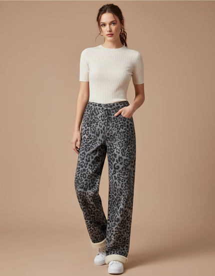 Pantalon Gris Léopard Doublé Polaire Large Confortable - Molleton