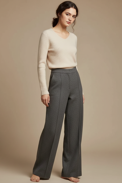 Pantalon Gris Large Laine Texturé Élégant Femme