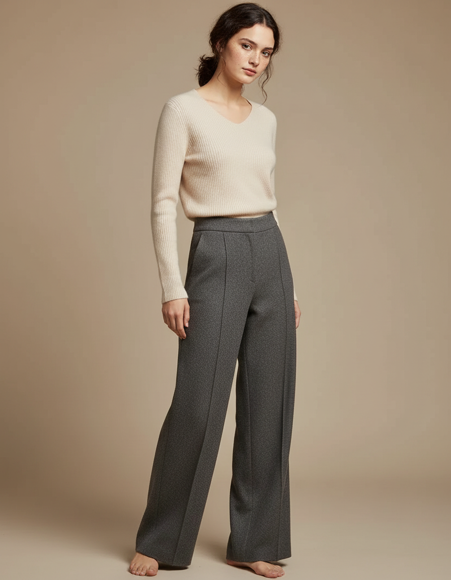 Pantalon Gris Large Laine Texturé Élégant Femme