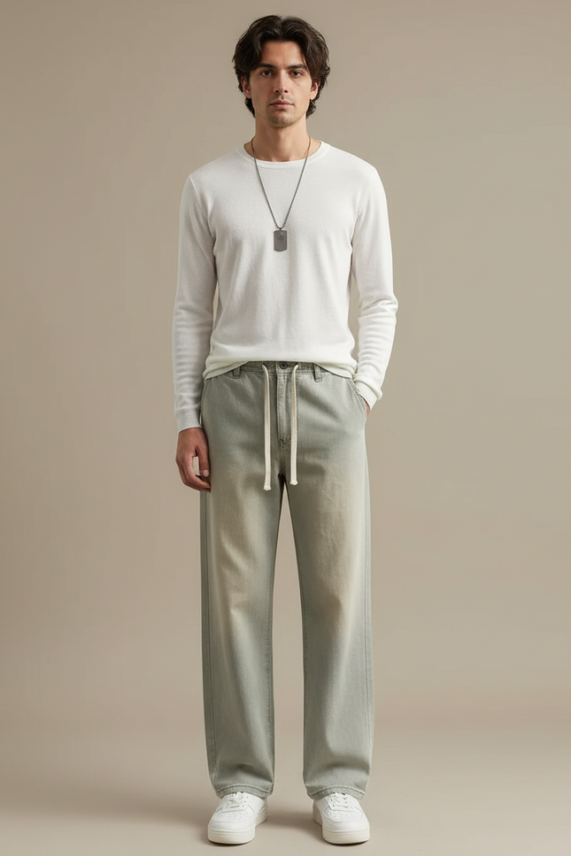Pantalon Gris Ample Décontracté Coton Cordon Homme