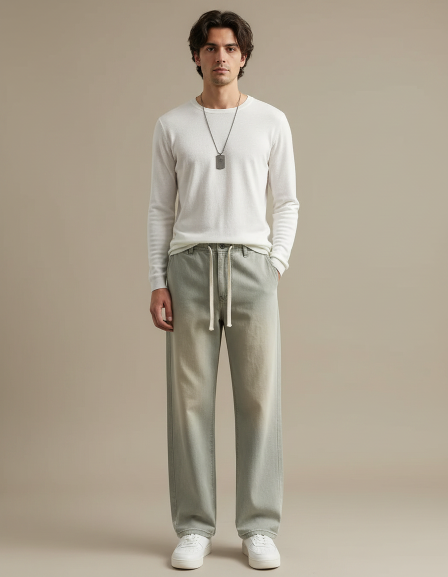 Pantalon Gris Ample Décontracté Coton Cordon Homme