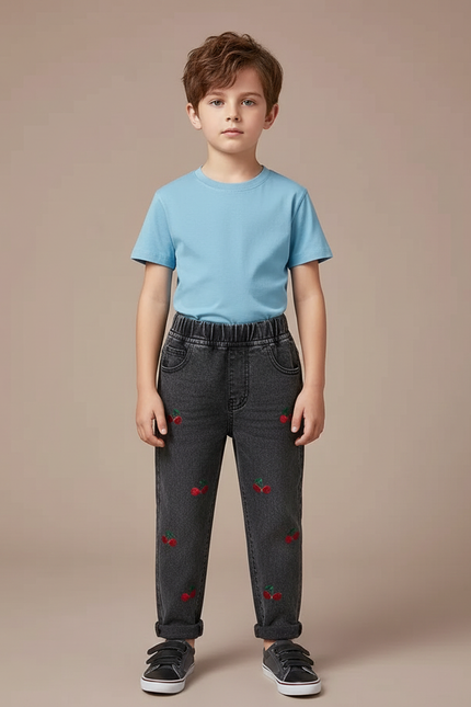 Pantalon Gris Denim Brodé Cerises Enfant Confortable - Jean
