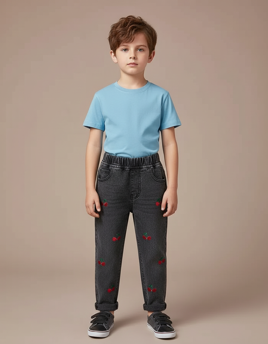 Pantalon Gris Denim Brodé Cerises Enfant Confortable - Jean