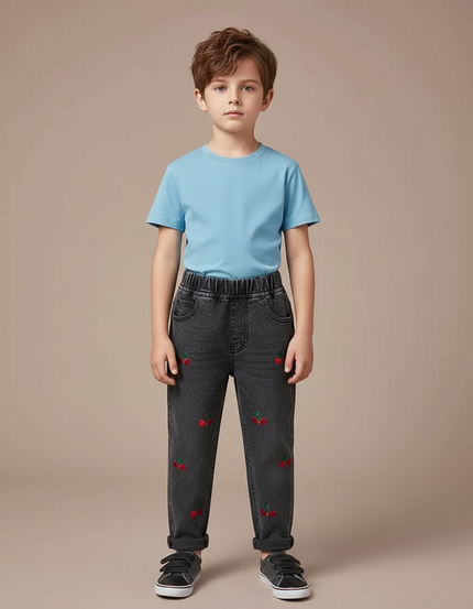Pantalon Gris Denim Brodé Cerises Enfant Confortable - Jean