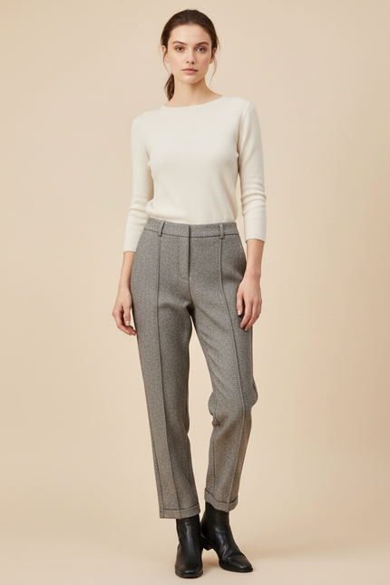 Pantalon Gris Tweed Droit Taille Haute Femme Élégant