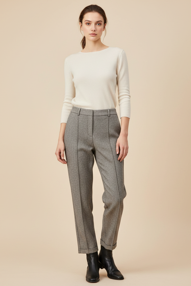 Pantalon Gris Tweed Droit Taille Haute Femme Élégant