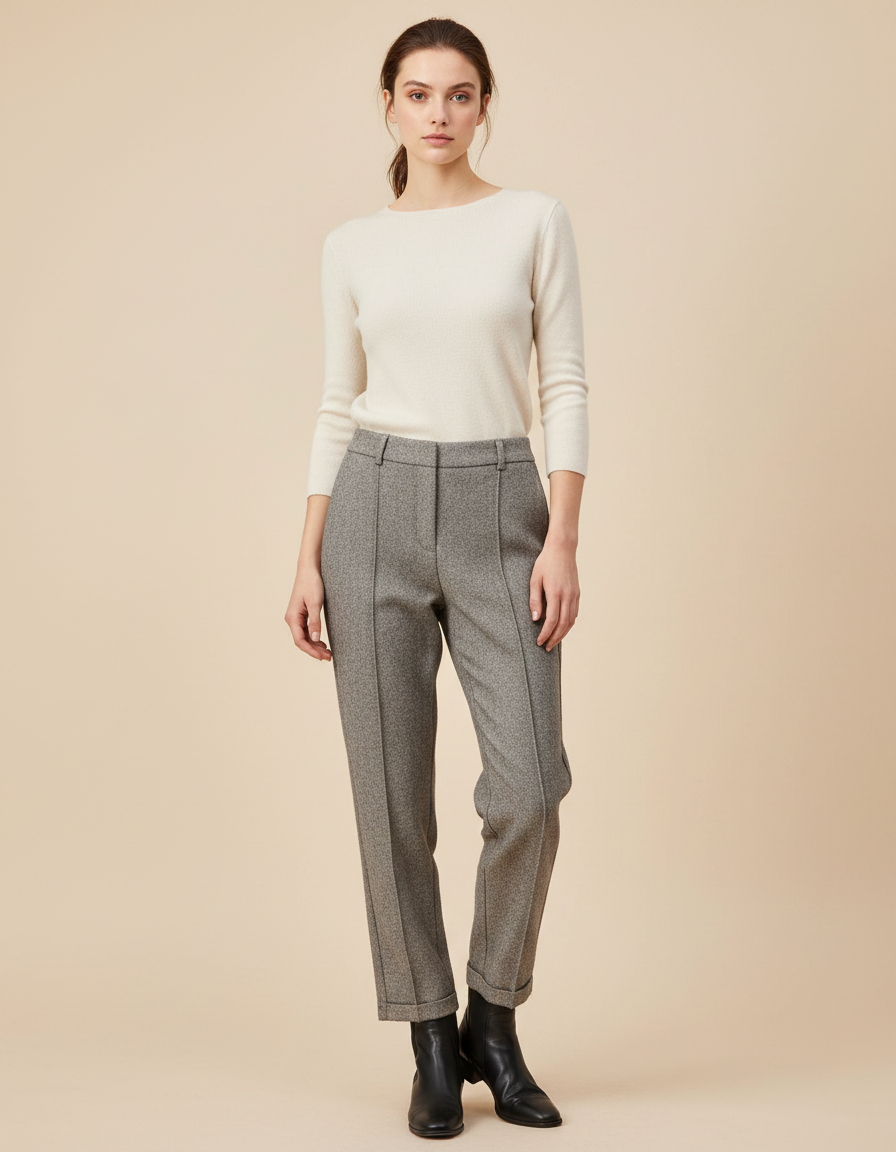 Pantalon Gris Tweed Droit Taille Haute Femme Élégant