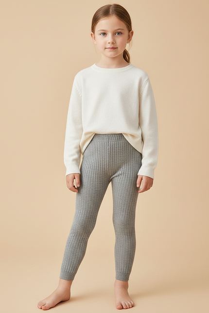 Pantalon Gris Côtelé Tricoté Extensible Enfant Fille - Maille