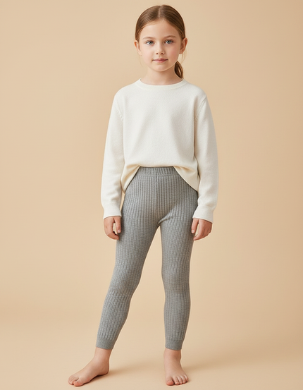 Pantalon Gris Côtelé Tricoté Extensible Enfant Fille - Maille