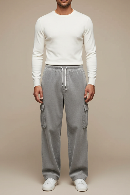 Pantalon Gris Côtelé Cargo Ample Décontracté Homme - Cordé