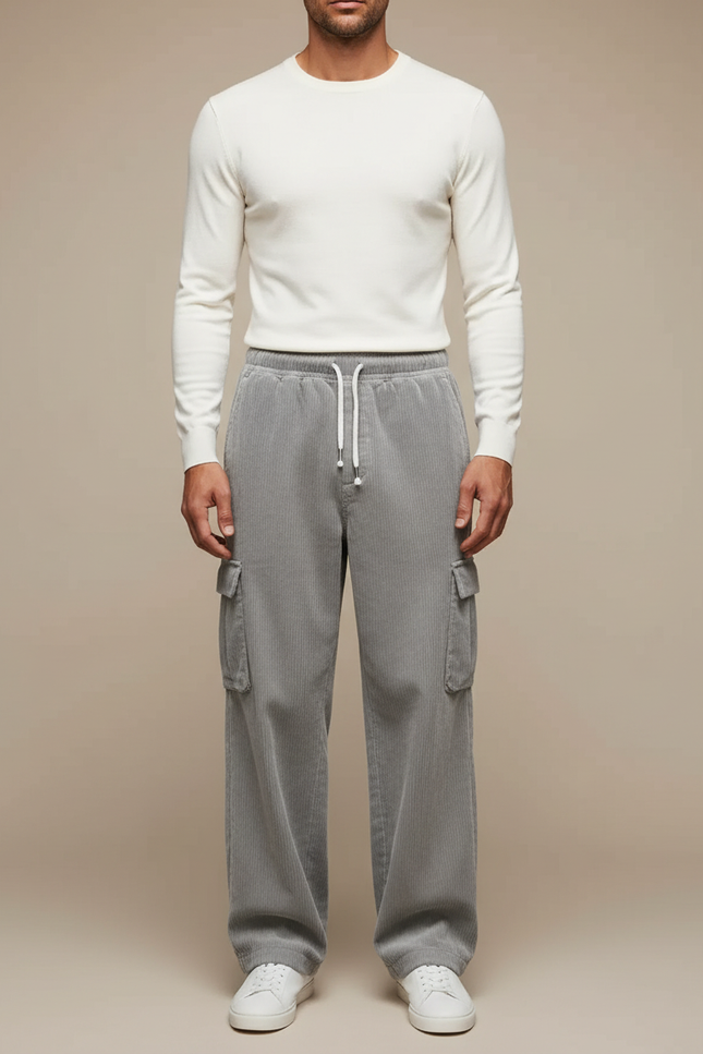 Pantalon Gris Côtelé Cargo Ample Décontracté Homme - Cordé