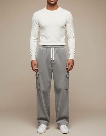 Pantalon Gris Côtelé Cargo Ample Décontracté Homme - Cordé