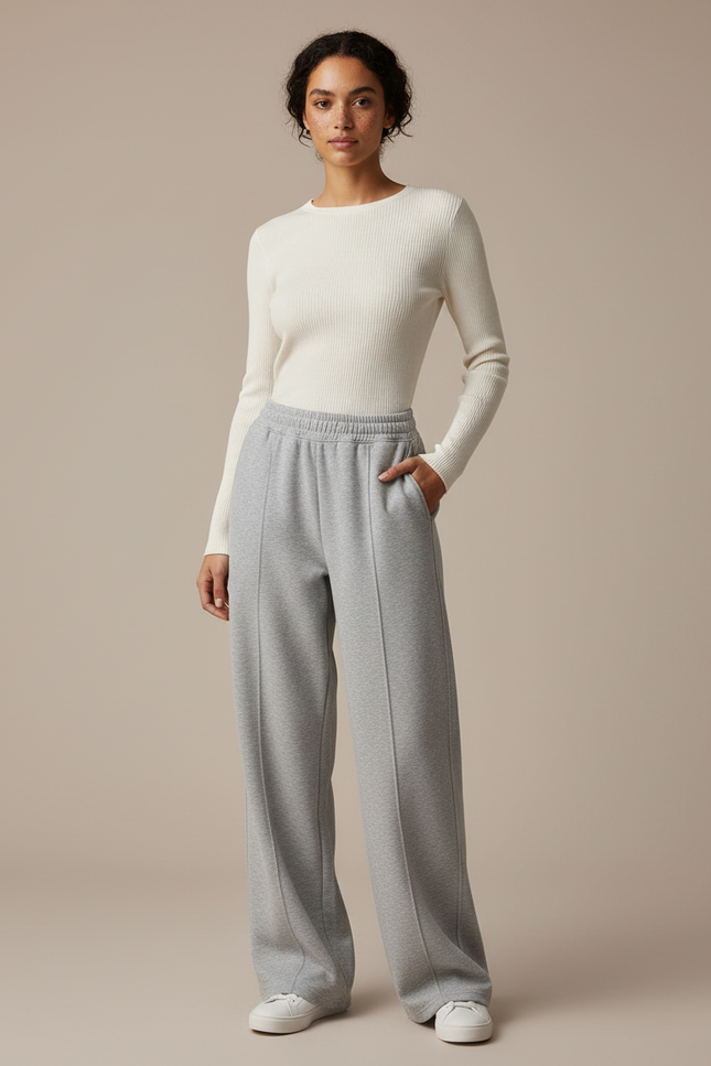 Pantalon Gris Large Molletonné Décontracté Confortable Femme