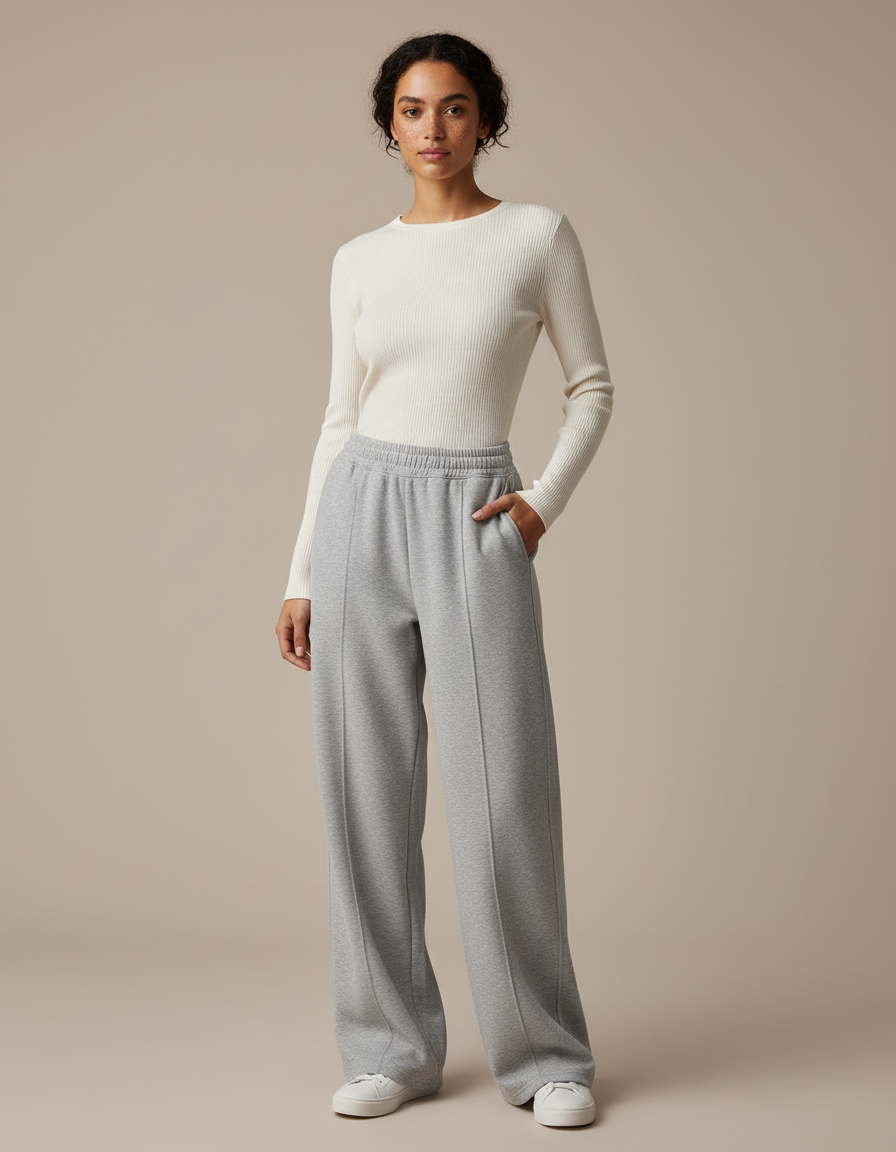 Pantalon Gris Large Molletonné Décontracté Confortable Femme