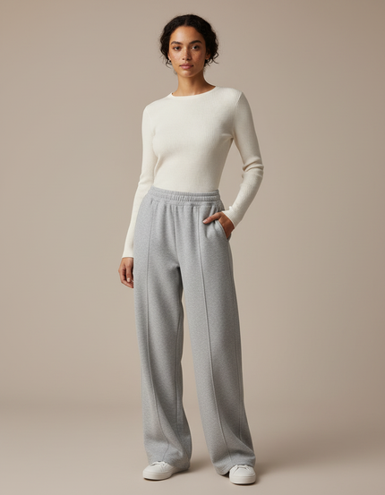 Pantalon Gris Large Molletonné Décontracté Confortable Femme